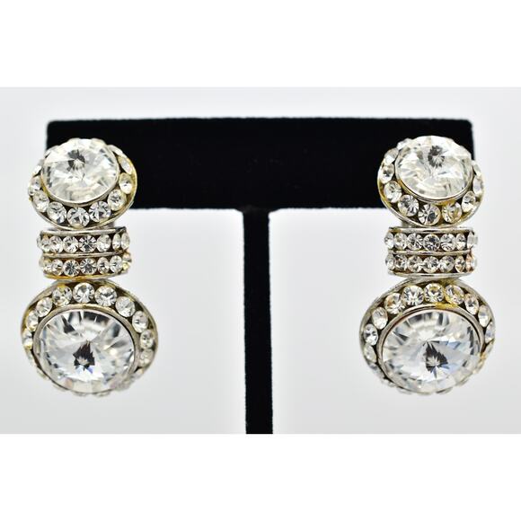 Vintage Crystal Clip On Earrings Rhinestone Drop Shiny Channel Chunky 1980s 9H - Picture 1 of 12